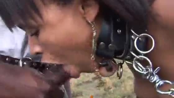 Hot ebony doll caught between two black cocks